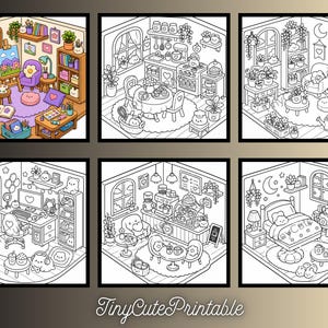 May include: A collection of six square coloring pages featuring isometric room interiors, including an art studio, kitchen, plant room, gaming setup, cafe, and bedroom, with the text TinyCutePrintable displayed at the bottom of the image.