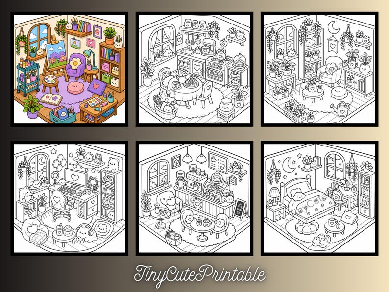 May include: A collection of six square coloring pages featuring isometric room interiors, including an art studio, kitchen, plant room, gaming setup, cafe, and bedroom, with the text TinyCutePrintable displayed at the bottom of the image.