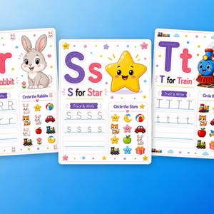 May include: Three educational learning boards for children. The boards feature the letters R, S, and T, with corresponding illustrations of a rabbit, star, and train. Each board includes tracing exercises and matching activities, with colorful graphics and text.
