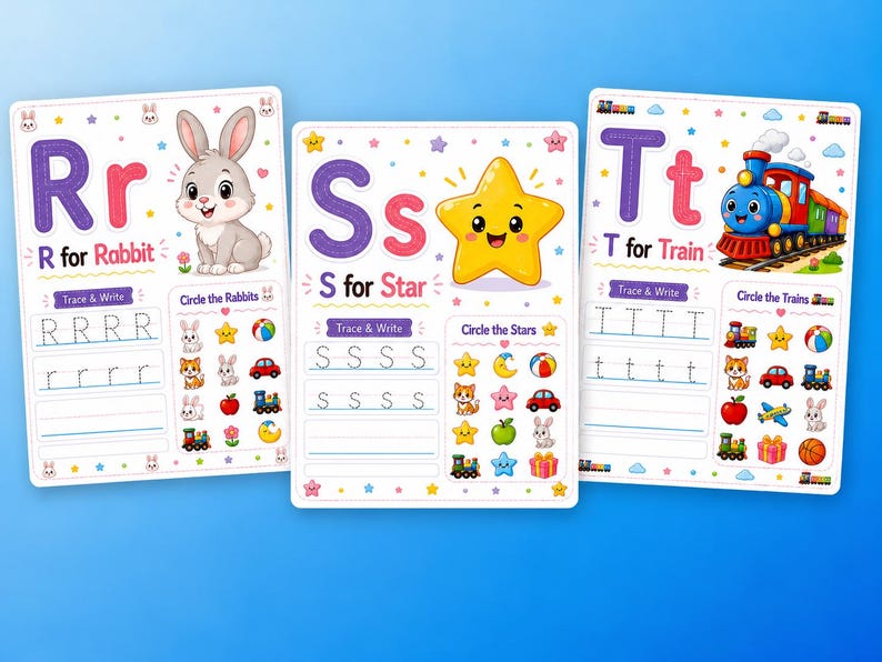 May include: Three educational learning boards for children. The boards feature the letters R, S, and T, with corresponding illustrations of a rabbit, star, and train. Each board includes tracing exercises and matching activities, with colorful graphics and text.
