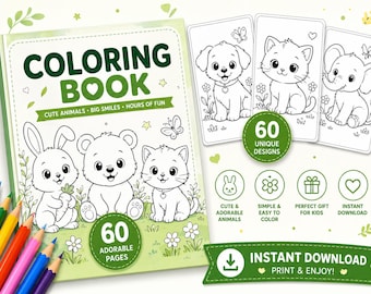 Cute Animal Coloring Book | 60 Printable Coloring Pages for Kids | Instant Download PDF | Preschool Activity | Toddler Coloring