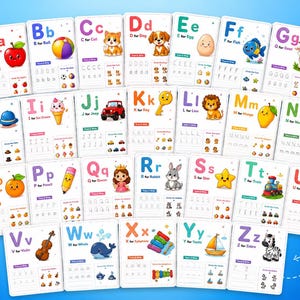 May include: A set of colorful educational flashcards featuring the alphabet from A to Z. Each card displays a letter, a corresponding image, and the word for the image. The cards are designed for tracing and writing practice.
