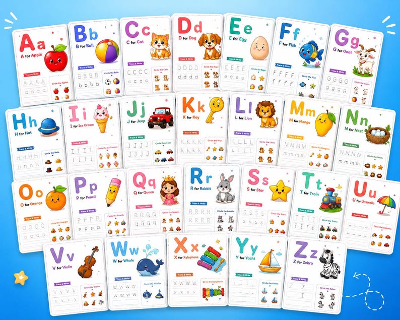 May include: A set of colorful educational flashcards featuring the alphabet from A to Z. Each card displays a letter, a corresponding image, and the word for the image. The cards are designed for tracing and writing practice.