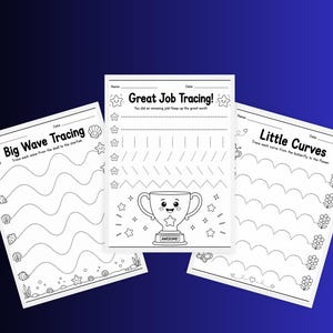 May include: Three white educational worksheets with black line art. The left sheet is titled Big Wave Tracing with sea shells. The center sheet is titled Great Job Tracing! with a trophy graphic. The right sheet is titled Little Curves with flowers.