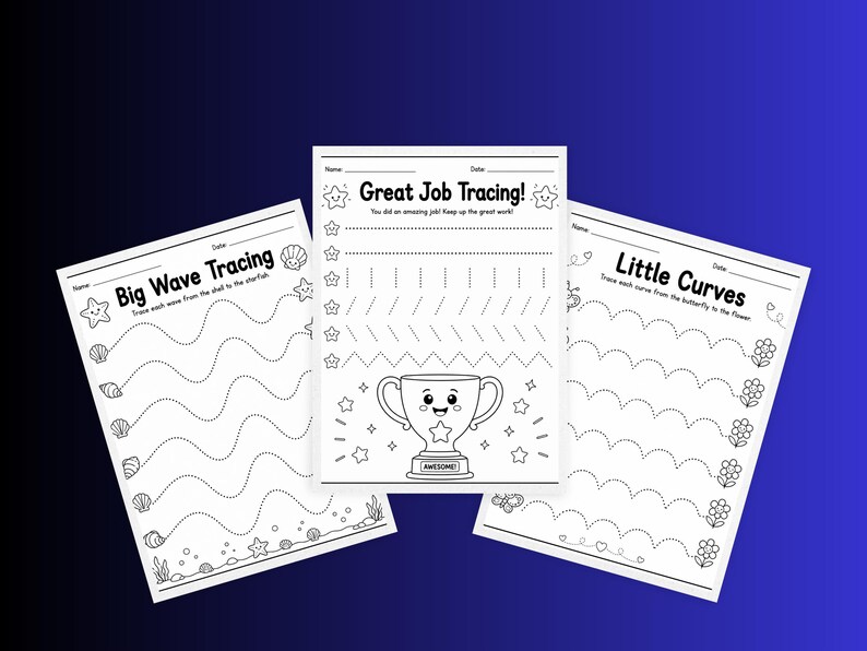 May include: Three white educational worksheets with black line art. The left sheet is titled Big Wave Tracing with sea shells. The center sheet is titled Great Job Tracing! with a trophy graphic. The right sheet is titled Little Curves with flowers.