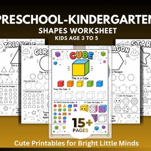 Op de afbeelding: Een verzameling educatieve werkbladen getiteld PRESCHOOL-KINDERGARTEN SHAPES WORKSHEET KIDS AGE 3 TO 5. De pagina's bevatten zwart-witte lijntekeningen van vormen zoals driehoeken, cirkels, zeshoeken, sterren en een kleurrijke kubusafbeelding.