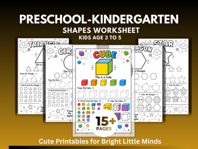 Op de afbeelding: Een verzameling educatieve werkbladen getiteld PRESCHOOL-KINDERGARTEN SHAPES WORKSHEET KIDS AGE 3 TO 5. De pagina's bevatten zwart-witte lijntekeningen van vormen zoals driehoeken, cirkels, zeshoeken, sterren en een kleurrijke kubusafbeelding.