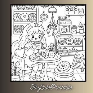May include: A black and white colouring page illustration featuring a character sitting at a round table in a cafe, holding a mug with a heart design. The scene includes shelves filled with doughnuts, cupcakes, a coffee machine, and a sign with a doughnut.