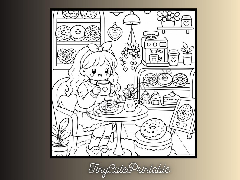 May include: A black and white colouring page illustration featuring a character sitting at a round table in a cafe, holding a mug with a heart design. The scene includes shelves filled with doughnuts, cupcakes, a coffee machine, and a sign with a doughnut.
