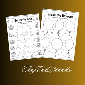 Op de afbeelding: Twee witte werkbladen met zwarte lijntekeningen. Het linkerblad is getiteld Butterfly Path en bevat vlinders en bloemen met stippellijnen om over te trekken. Het rechterblad toont gestippelde omtrekken van ballonnen met het opschrift Trace the Balloons.