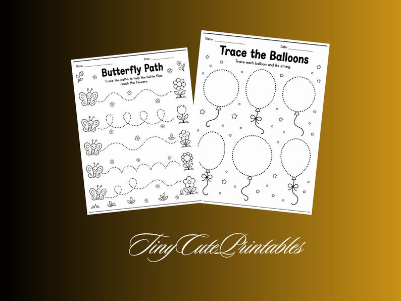 Op de afbeelding: Twee witte werkbladen met zwarte lijntekeningen. Het linkerblad is getiteld Butterfly Path en bevat vlinders en bloemen met stippellijnen om over te trekken. Het rechterblad toont gestippelde omtrekken van ballonnen met het opschrift Trace the Balloons.
