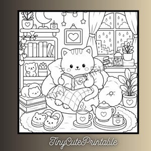 May include: A black and white coloring page featuring a cat reading a book while sitting in a beanbag chair. The scene includes a bookshelf, a window with rain, a teapot, a mug, slippers, and various plants. The text TinyCutePrintable is visible.