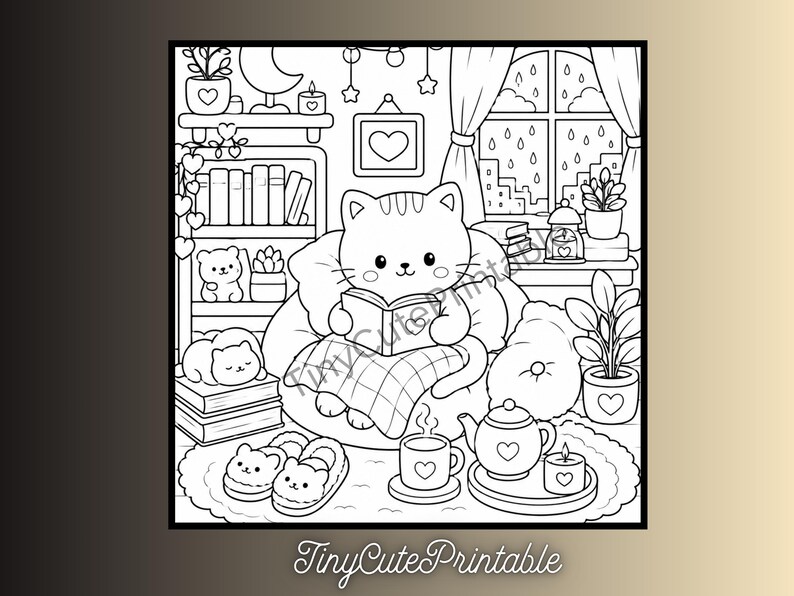 May include: A black and white coloring page featuring a cat reading a book while sitting in a beanbag chair. The scene includes a bookshelf, a window with rain, a teapot, a mug, slippers, and various plants. The text TinyCutePrintable is visible.