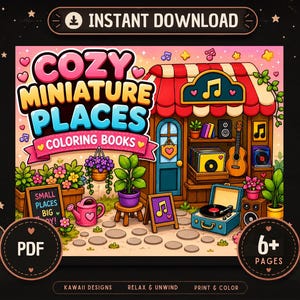 Cozy Miniature Places Coloring Book, Kawaii Hygge Pages for Adults (Digital Download)