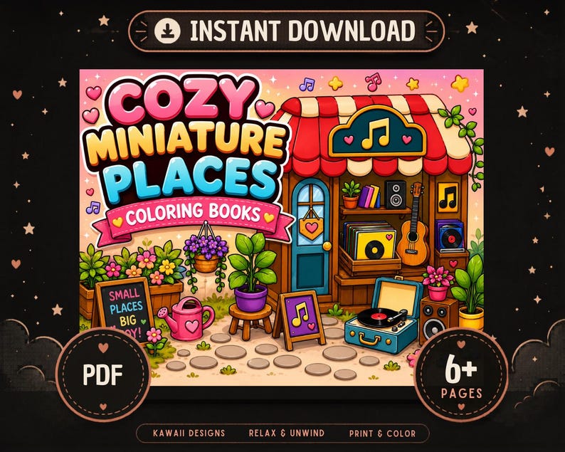 K&ouml;nnte beinhalten: Ein digitales Malbuch-Cover mit dem Titel COZY MINIATURE PLACES, das einen Musikladen mit rot-wei&szlig; gestreifter Markise, einer Gitarre, Schallplatten, einem Plattenspieler, Topfpflanzen und einer rosa Gie&szlig;kanne zeigt, mit dem Text INSTANT DOWNLOAD und 6+ PAGES.