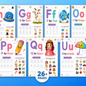 May include: A collection of colorful educational alphabet pages for children. Each page features a letter, a corresponding image, and tracing exercises. The pages include illustrations of a hat, goat, fish, orange, pencil, queen, and umbrella.