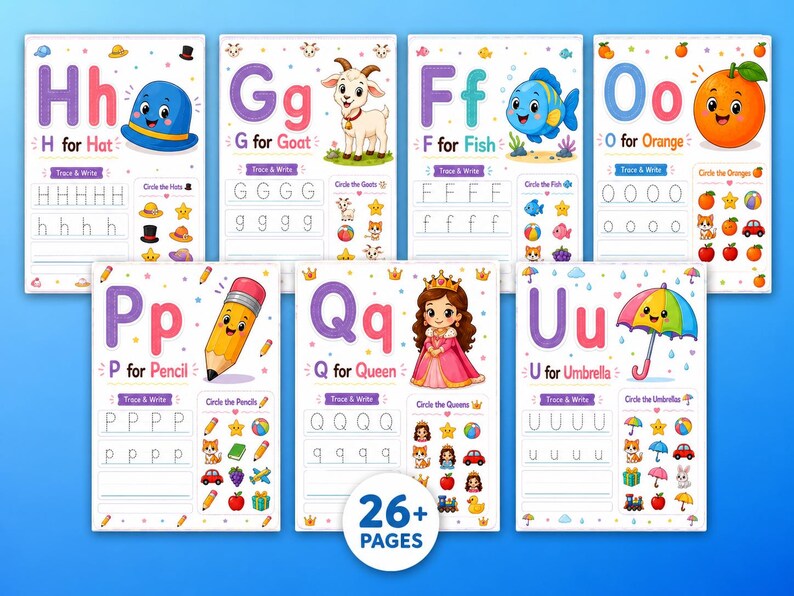 May include: A collection of colorful educational alphabet pages for children. Each page features a letter, a corresponding image, and tracing exercises. The pages include illustrations of a hat, goat, fish, orange, pencil, queen, and umbrella.