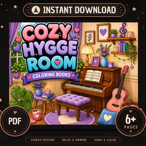 Cozy Hygge Room Coloring Book, Miniature Kawaii Scenes, Relaxing PDF (Instant Download) image 1