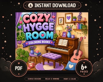 Cozy Hygge Room Coloring Book, Miniature Kawaii Scenes, Relaxing PDF (Instant Download)