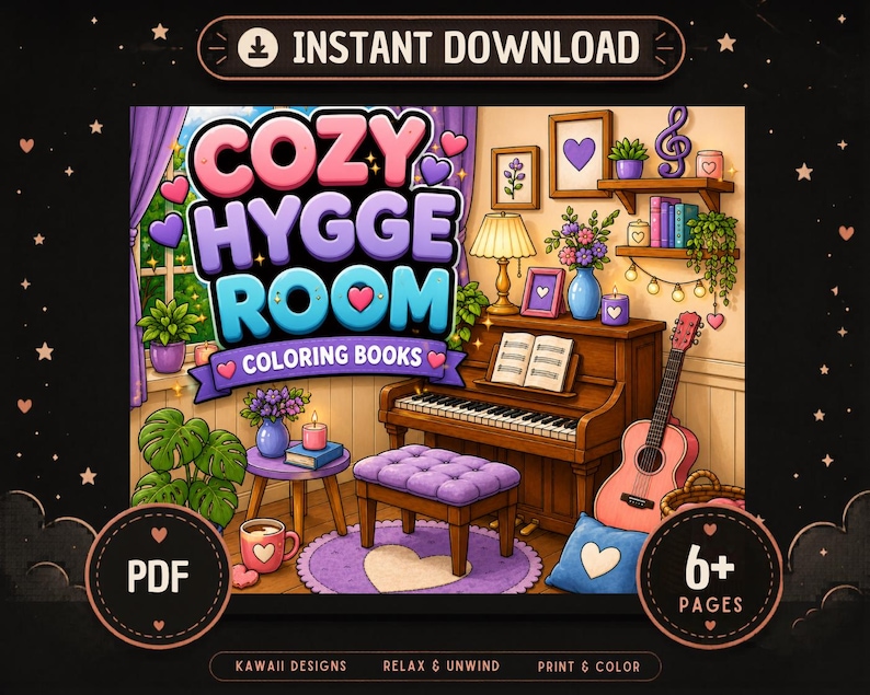 Cozy Hygge Room Coloring Book, Miniature Kawaii Scenes, Relaxing PDF (Instant Download) image 1