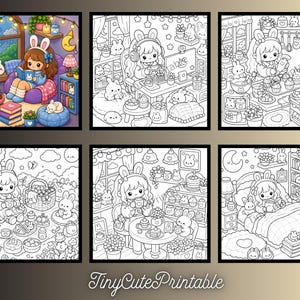 May include: A collection of six coloring pages featuring a character with bunny ears in various settings, including reading, gaming, baking, picnicking, dining, and sleeping. The illustrations are detailed with small rabbits and cozy decor.