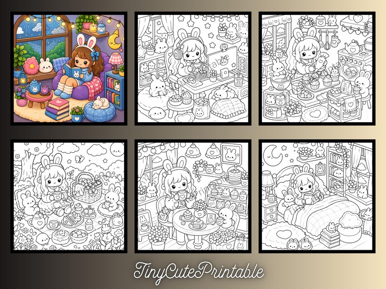 May include: A collection of six coloring pages featuring a character with bunny ears in various settings, including reading, gaming, baking, picnicking, dining, and sleeping. The illustrations are detailed with small rabbits and cozy decor.