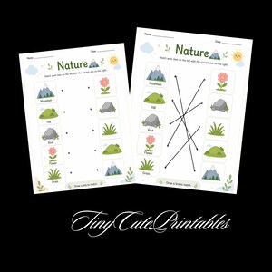 May include: Two educational worksheets titled Nature featuring matching exercises. Each sheet displays illustrations of a mountain, hill, rock, flower, and grass with lines connecting the items. The pages include spaces for a name and date at the top.