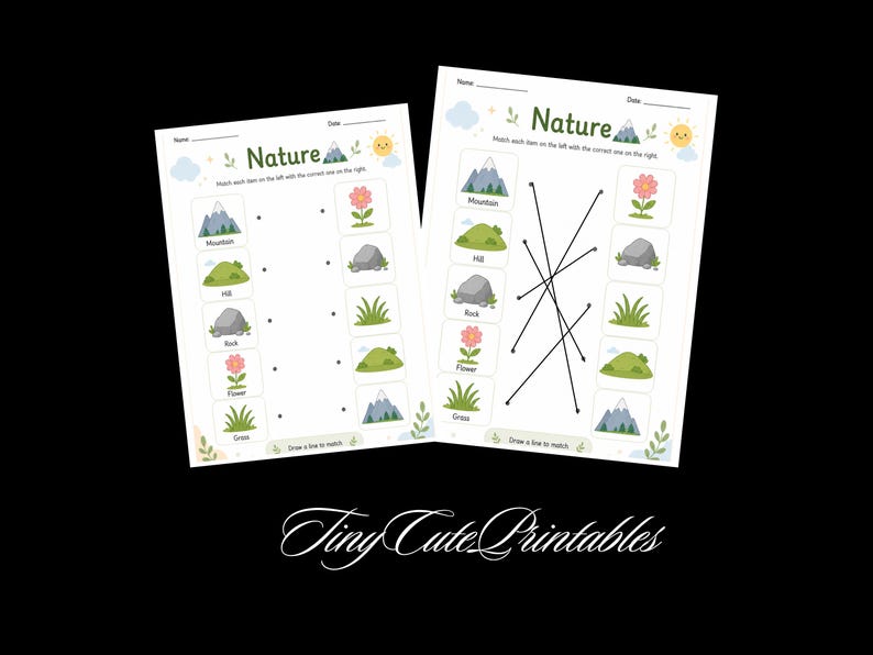 May include: Two educational worksheets titled Nature featuring matching exercises. Each sheet displays illustrations of a mountain, hill, rock, flower, and grass with lines connecting the items. The pages include spaces for a name and date at the top.