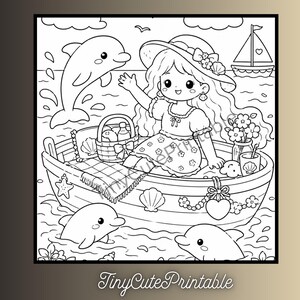May include: A black and white coloring page featuring a character in a boat on the water with dolphins, a sailboat, and a picnic basket. The character wears a wide-brimmed hat and waves. The text TinyCutePrintable is visible at the bottom.
