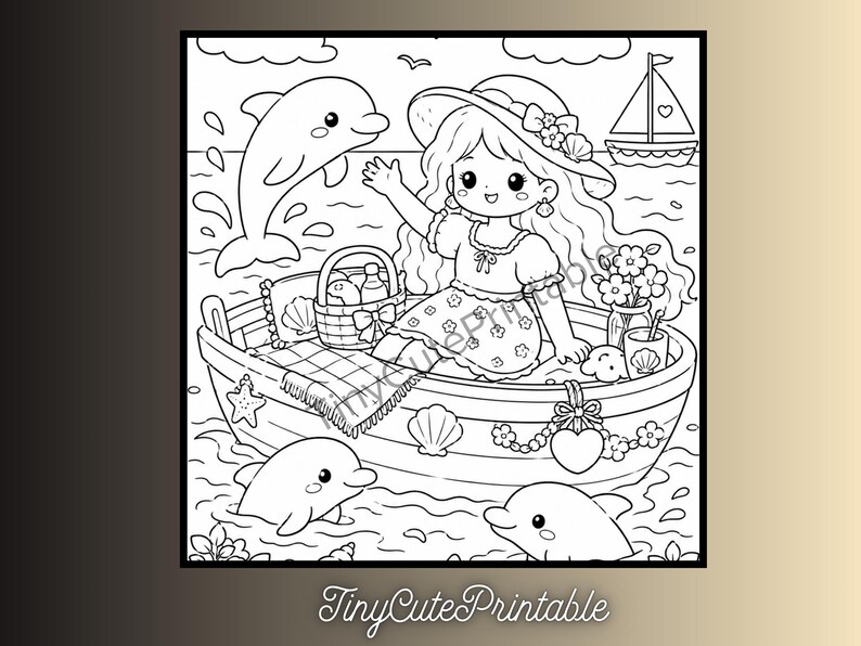 May include: A black and white coloring page featuring a character in a boat on the water with dolphins, a sailboat, and a picnic basket. The character wears a wide-brimmed hat and waves. The text TinyCutePrintable is visible at the bottom.