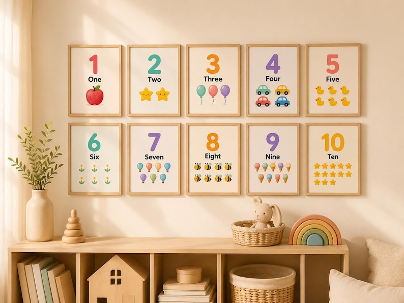 May include: A set of ten framed number prints, each featuring a number from one to ten with corresponding illustrations. The prints have a neutral background and are displayed on a light-colored wall. The illustrations include an apple, stars, balloons, cars, ducks, flowers, bees, ice cream cones, and stars.