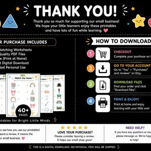 May include: A digital download instruction graphic with a black background featuring colorful cartoon shapes. It lists 40+ matching worksheets in A4 PDF format, provides a four-step download guide, and includes sections for customer support and reviews.