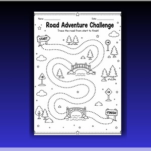 May include: A black and white printable activity sheet titled Road Adventure Challenge. The page features a dotted path to trace from a Start sign to a Finish sign, passing through illustrations of trees, clouds, stars, and two stone bridges.