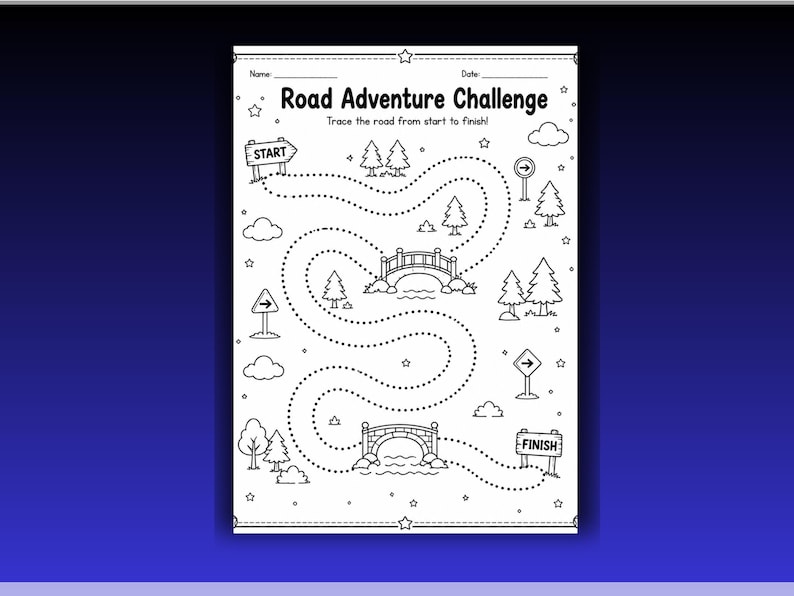 May include: A black and white printable activity sheet titled Road Adventure Challenge. The page features a dotted path to trace from a Start sign to a Finish sign, passing through illustrations of trees, clouds, stars, and two stone bridges.