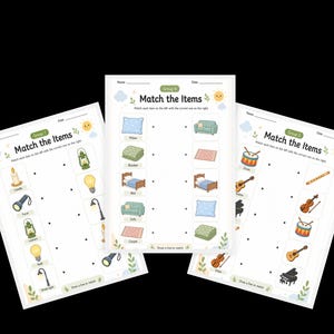 May include: Three educational worksheets titled Match the Items, each featuring two columns of illustrated objects to connect. The pages display various items like candles, lamps, furniture, and musical instruments with dotted lines for matching tasks.