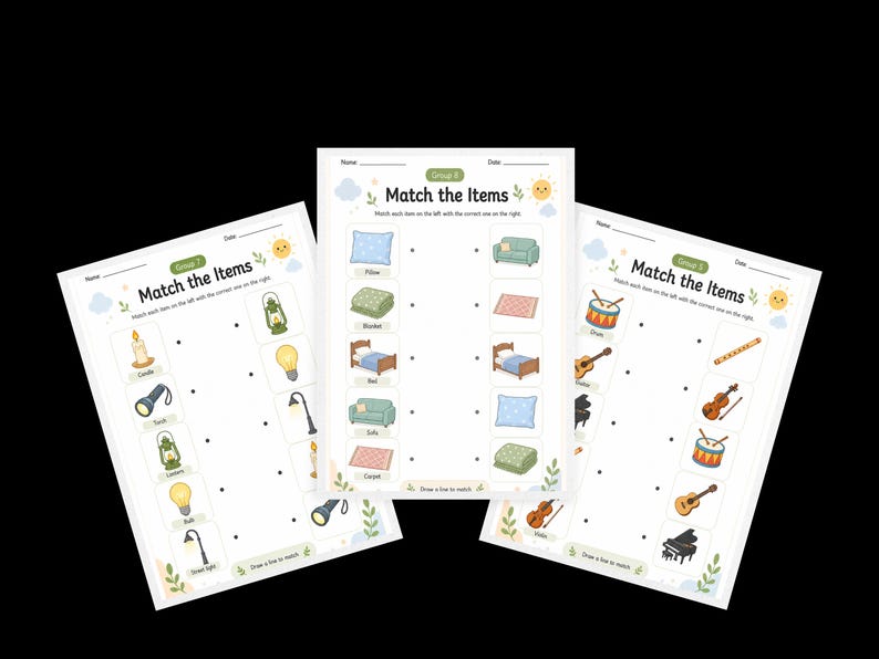 May include: Three educational worksheets titled Match the Items, each featuring two columns of illustrated objects to connect. The pages display various items like candles, lamps, furniture, and musical instruments with dotted lines for matching tasks.