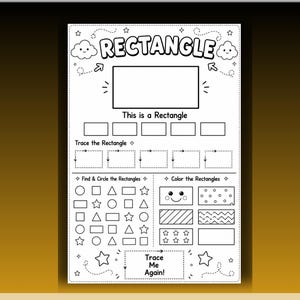 Op de afbeelding: Een zwart-wit educatief werkblad met de titel RECTANGLE, voorzien van overtrek-oefeningen, een sectie om vormen te zoeken en te omcirkelen, en een gedeelte om rechthoeken in te kleuren, inclusief wolkillustraties en de tekst Trace Me Again.