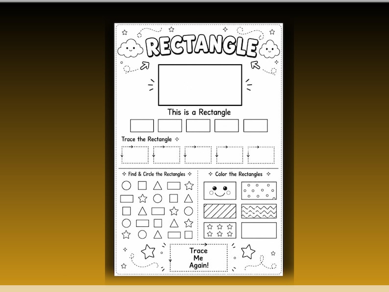 Op de afbeelding: Een zwart-wit educatief werkblad met de titel RECTANGLE, voorzien van overtrek-oefeningen, een sectie om vormen te zoeken en te omcirkelen, en een gedeelte om rechthoeken in te kleuren, inclusief wolkillustraties en de tekst Trace Me Again.