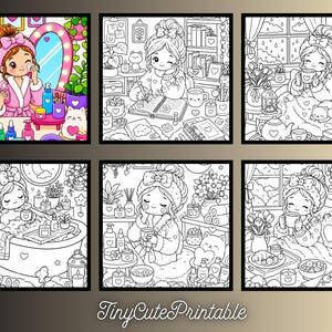 May include: A collection of six coloring pages featuring a character in various daily activities including skincare, writing, relaxing in bed, bathing, and eating. The illustrations are in a cartoon style with the text TinyCutePrintable at the bottom.