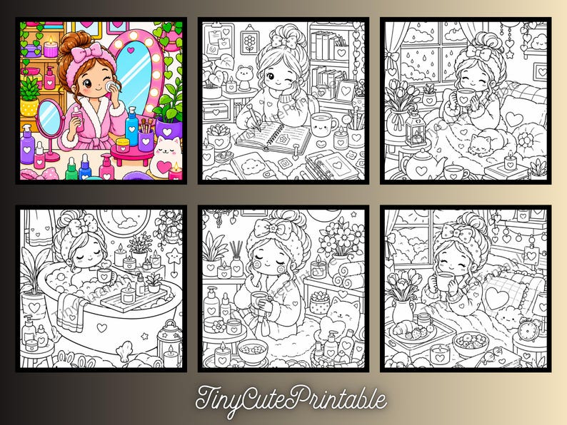 May include: A collection of six coloring pages featuring a character in various daily activities including skincare, writing, relaxing in bed, bathing, and eating. The illustrations are in a cartoon style with the text TinyCutePrintable at the bottom.