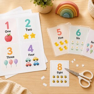 May include: Educational flashcards with numbers 1-8, each featuring a colorful illustration. The cards display an apple, stars, balloons, cars, ducks, flowers, hot air balloons, and bees. A pair of white scissors and a wooden rainbow are also visible.