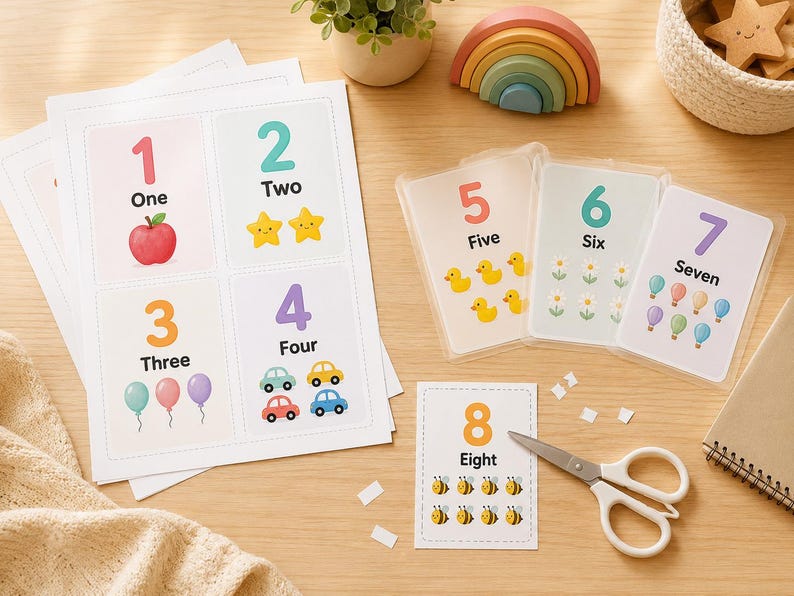 May include: Educational flashcards with numbers 1-8, each featuring a colorful illustration. The cards display an apple, stars, balloons, cars, ducks, flowers, hot air balloons, and bees. A pair of white scissors and a wooden rainbow are also visible.