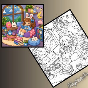 May include: A digital coloring page and a colored reference illustration featuring a character with bunny ears reading a book in a cozy room with a window, plants, books, a teapot, and a small rabbit, with the text TinyCutePrintable at the bottom.