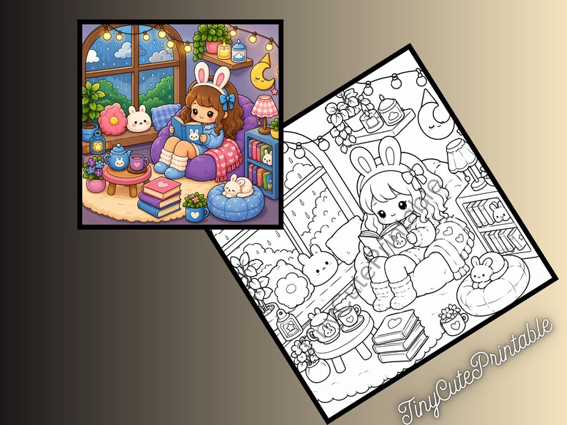 May include: A digital coloring page and a colored reference illustration featuring a character with bunny ears reading a book in a cozy room with a window, plants, books, a teapot, and a small rabbit, with the text TinyCutePrintable at the bottom.