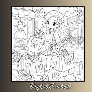 May include: A black and white colouring page illustration featuring a character with long wavy hair and a bow, walking down a street with shopping bags decorated with bows and hearts. A storefront displays a dress and a handbag in the window.
