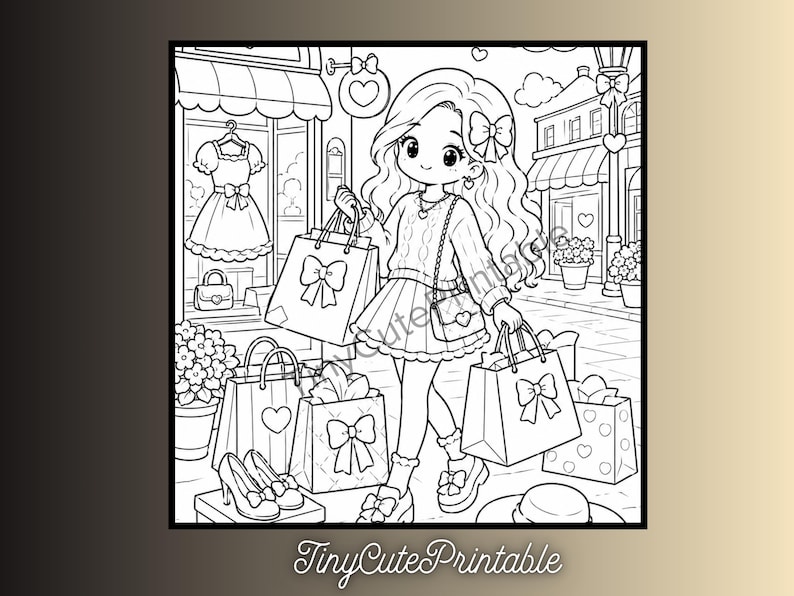 May include: A black and white colouring page illustration featuring a character with long wavy hair and a bow, walking down a street with shopping bags decorated with bows and hearts. A storefront displays a dress and a handbag in the window.
