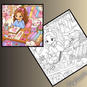 May include: A colouring page featuring a character sketching a dress design at a desk with a sewing machine, fabric rolls, a pincushion, and a sleeping cat. The scene includes a coloured version and a black and white line art version with the text TinyCutePrintable.