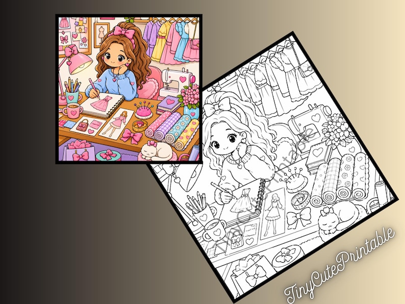 May include: A colouring page featuring a character sketching a dress design at a desk with a sewing machine, fabric rolls, a pincushion, and a sleeping cat. The scene includes a coloured version and a black and white line art version with the text TinyCutePrintable.