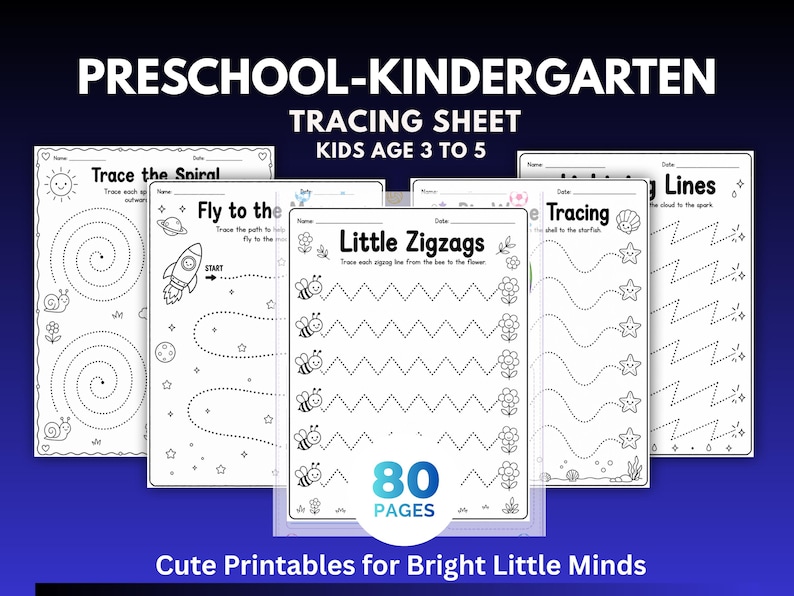 May include: A collection of black and white preschool-kindergarten tracing sheets featuring 80 pages of educational activities. Each page includes dotted lines for tracing, with illustrations of bees, flowers, rockets, and stars, plus text labels.