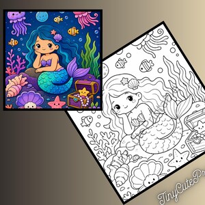 May include: A digital coloring page set featuring a colored example and a black and white line art version of a mermaid with long hair, a fish tail, and a treasure chest, surrounded by coral, fish, and shells, with the text TinyCutePrintable.